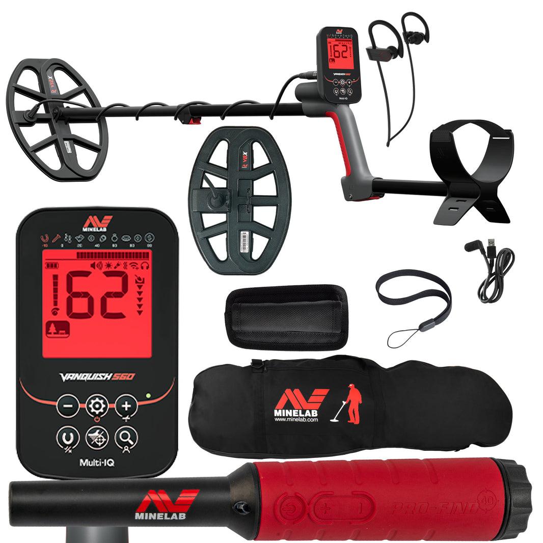 Minelab VANQUISH 560 Pro Pack Waterproof Multi-Frequency Metal Detector with V12x Coil, V8x Coil, PRO-FIND 40 Pinpointer, Carry Bag, and accessories. 