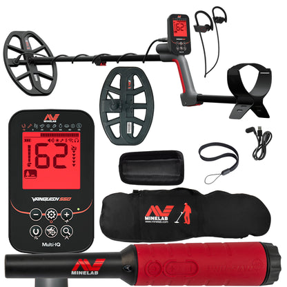 Minelab VANQUISH 560 Pro Pack Waterproof Multi-Frequency Metal Detector with V12x Coil, V8x Coil, PRO-FIND 40 Pinpointer, Carry Bag, and accessories. 