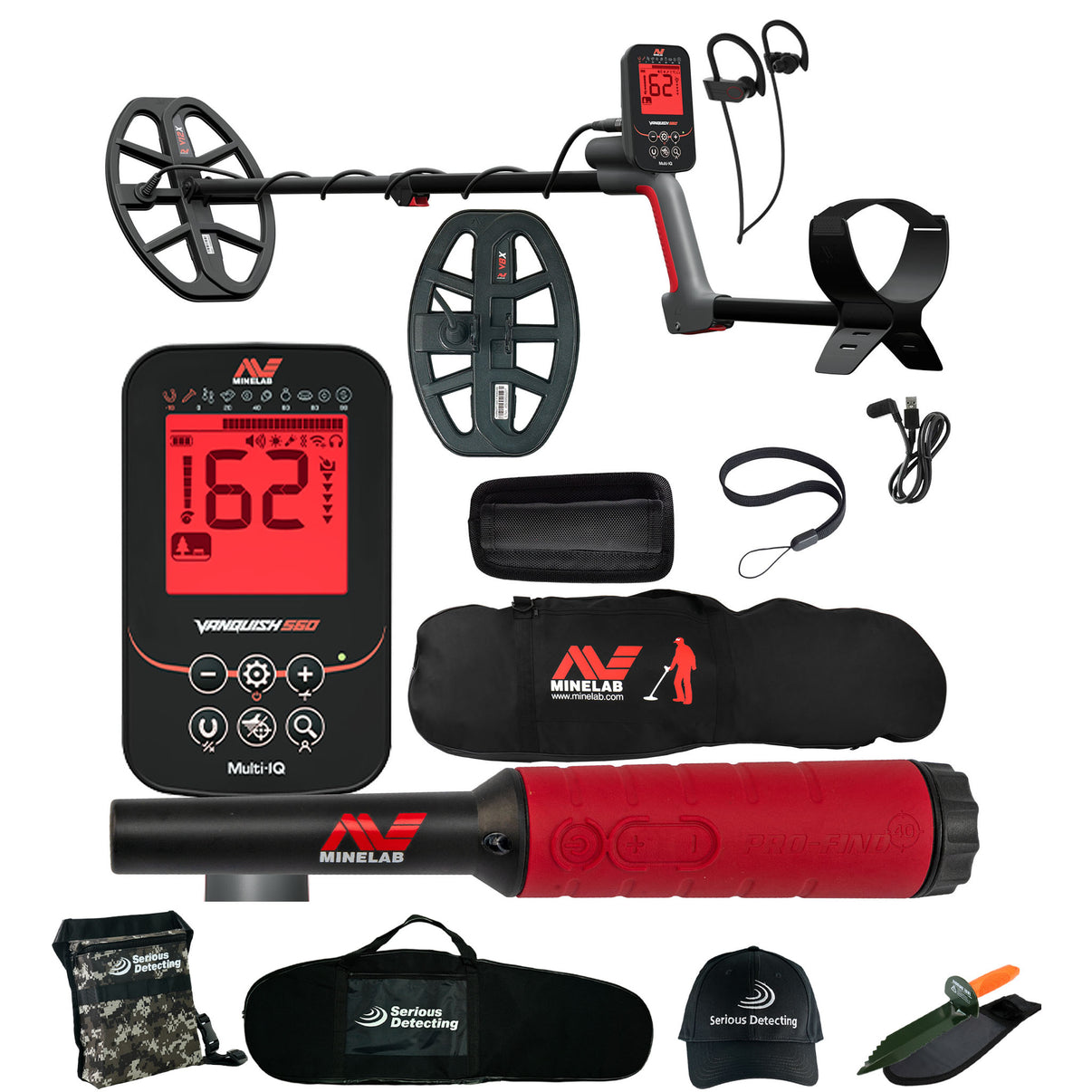Minelab VANQUISH 560 Pro Pack Waterproof Multi-Frequency Metal Detector with V12x Coil, V8x Coil, PRO-FIND 40 Pinpointer, Carry Bag, and Serious Detecting accessory kit