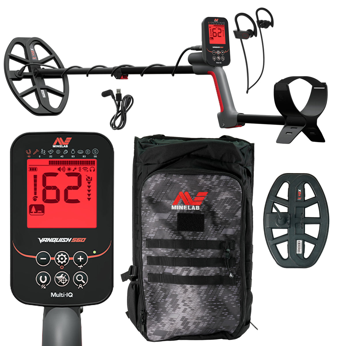 Minelab Vanquish 560 Pro Pack metal detector with dual coils, wireless earbuds, backpack, and red LCD control box