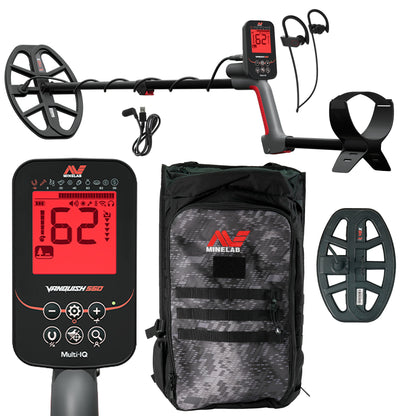 Minelab Vanquish 560 Pro Pack metal detector with dual coils, wireless earbuds, backpack, and red LCD control box