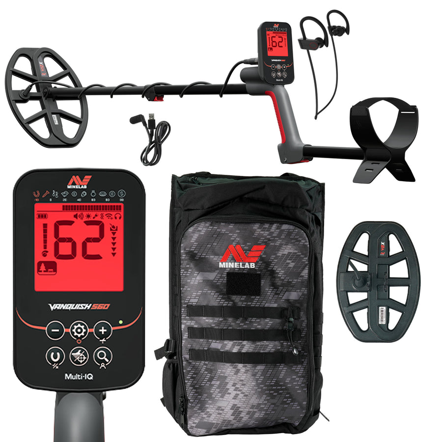 Minelab VANQUISH 560 Pro Pack Waterproof Multi-Frequency Metal Detector with V12x Coil, V8x Coil, and Backpack