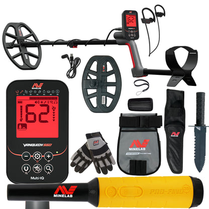 Minelab VANQUISH 560 metal detector with V12X coil attached, PRO-FIND 35 pinpointer and Adventure Pack.