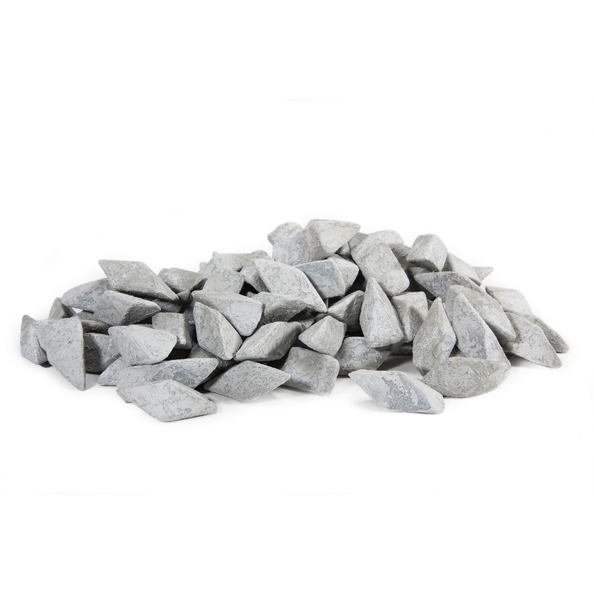Close-up of Raytech polyhedron ceramic media pieces showing textured aluminum oxide surface for titanium finishing