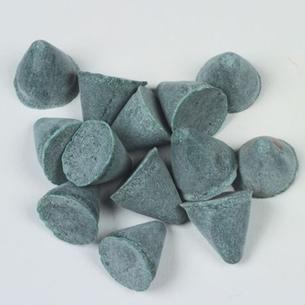 Raytech 9/16 inch XF plastic cone tumbling media close-up showing texture and shape