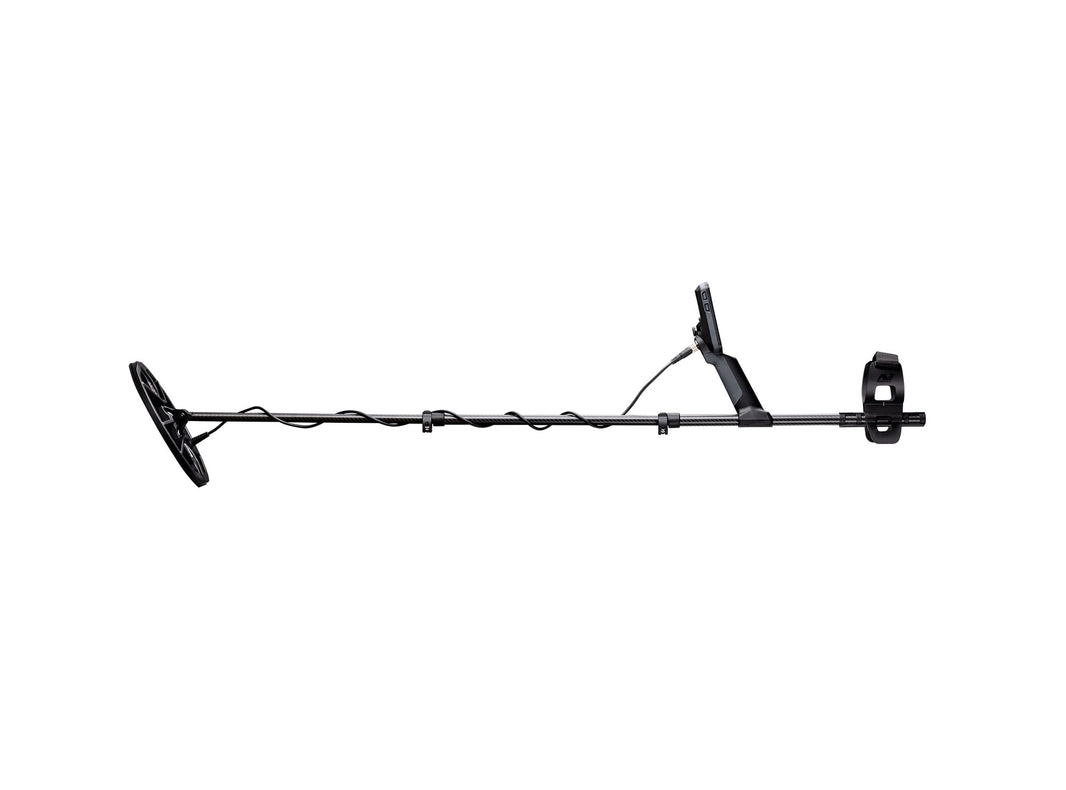 Close-up of Minelab Equinox 700 carbon fiber shaft and wireless ML 85 headphones
