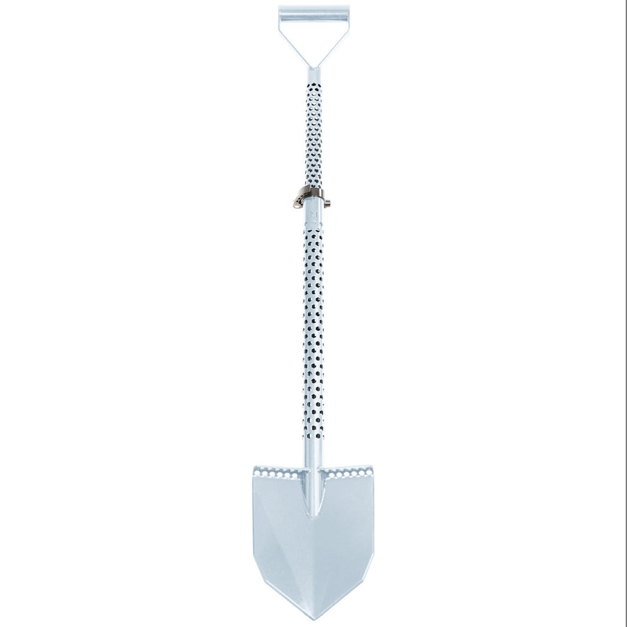 Grey Motley Field Fox metal detecting shovel with quick-release clamp adjustment system