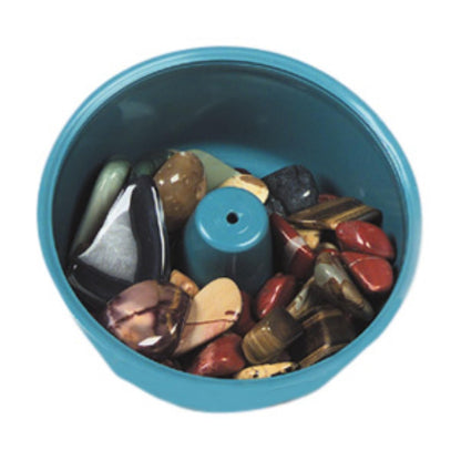 An overhead view of the rock polishing bowl with finished polished rocks inside. 