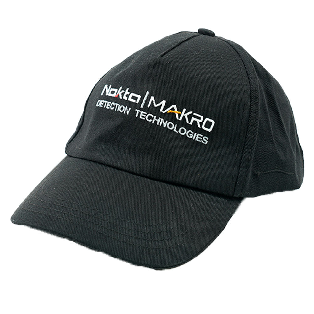 black hat wiht Nokta Makro Detectiion Technologies on printed in white side view