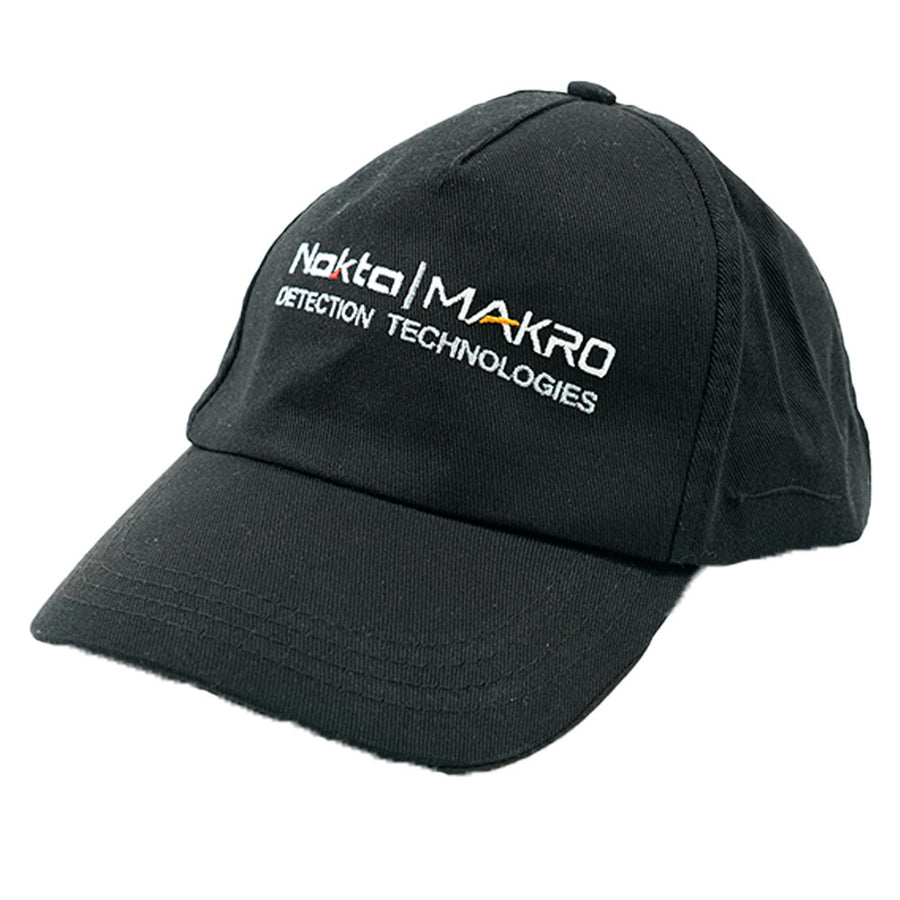black hat wiht Nokta Makro Detectiion Technologies on printed in white side view