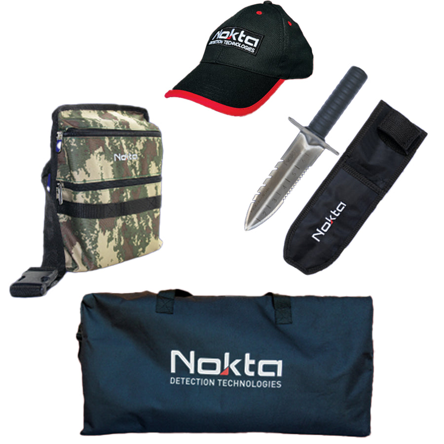 FREE Nokta accessories bundle - finds pouch, embroidered hat, premium digger with holster, and carry bag.
