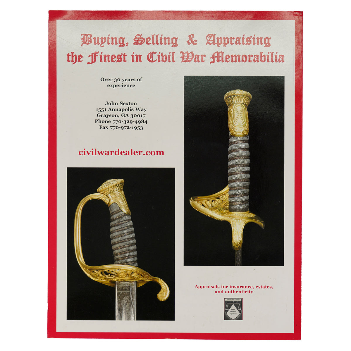 The back cover of The Civil War Collector's Price Guide features an advertisement for civilwardealer.com depicting a Civil War era sword with gold hilt.