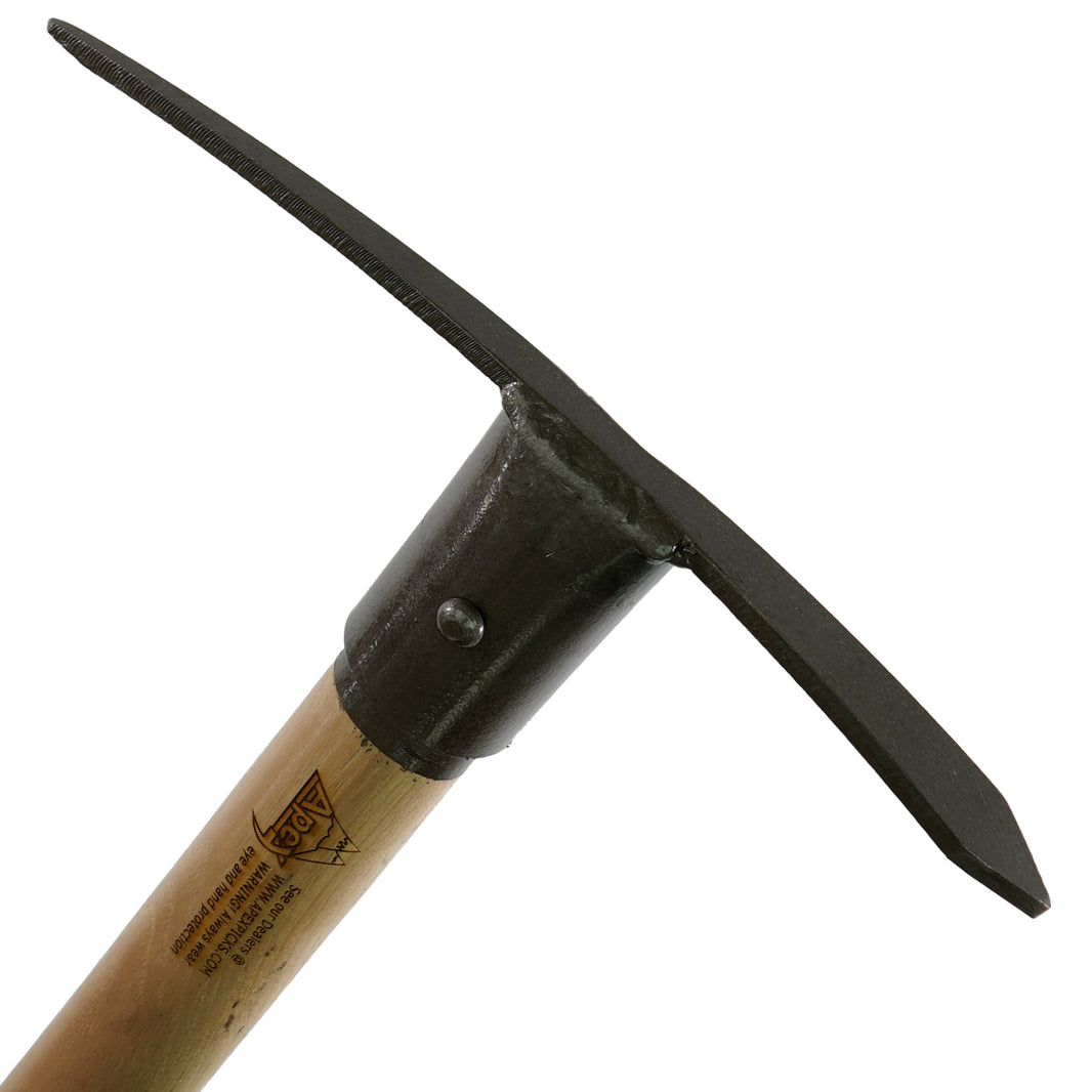 Close-up detail of Apex Ferret Pick compact steel head showing precision construction and 11-inch length