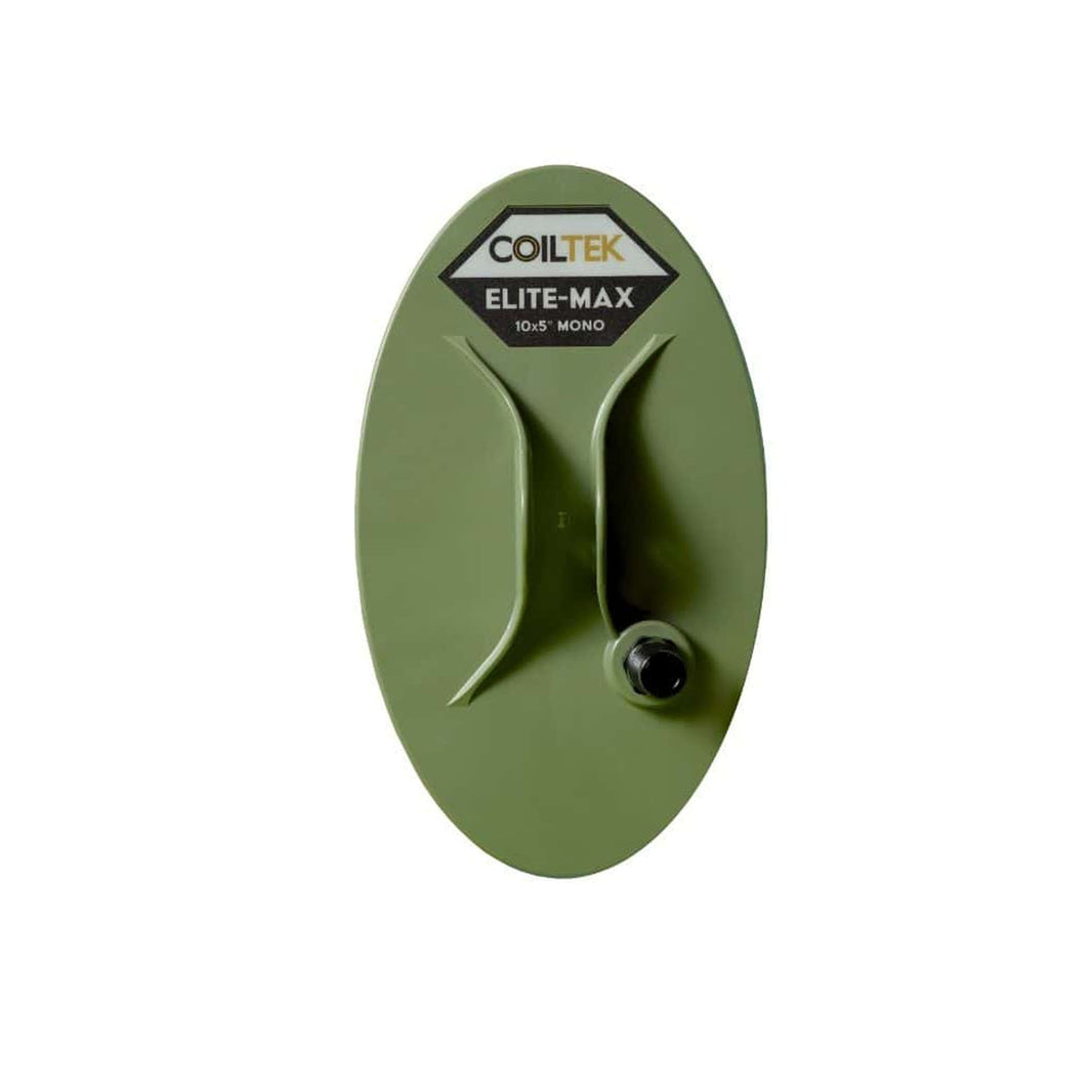 Top view of the Coiltek Elite-Max 10x5 elliptical mono coil in olive green color, photographed on a white background