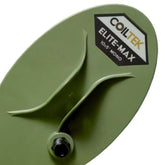 Close-up view of the Coiltek Elite-Max 10x5 elliptical mono coil in olive green color, photographed on a white background