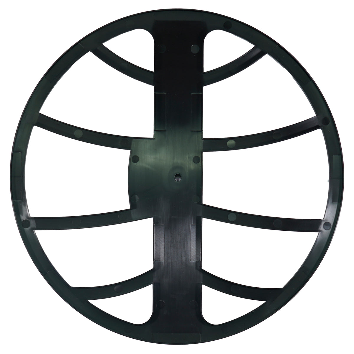 A slightly different view of the skid plate of the 18″ MYTHTEK Search Coil, against a white background