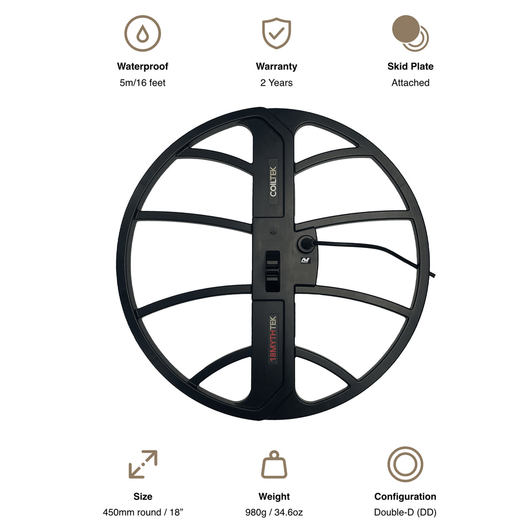A graphic shows the 18″ MYTHTEK Search Coil and highlights its benefits, including waterproof to 16 feet, 2 year warranty, skid plate attached, 18" size, 34.6-ounce weight and Double-D configuration