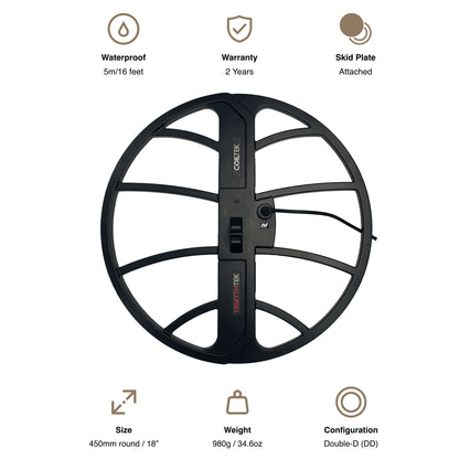 A graphic shows the 18″ MYTHTEK Search Coil and highlights its benefits, including waterproof to 16 feet, 2 year warranty, skid plate attached, 18" size, 34.6-ounce weight and Double-D configuration