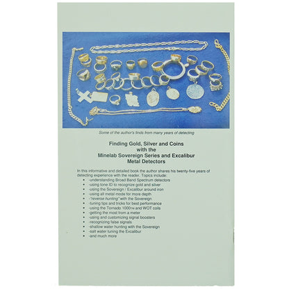 A book cover titled 'Finding Gold, Silver and Coins with the Minelab Sovereign Series and Excalibur Metal Detectors' on a pale white background, featuring a central photograph of various gold and silver jewelry pieces laid out on a blue surface.