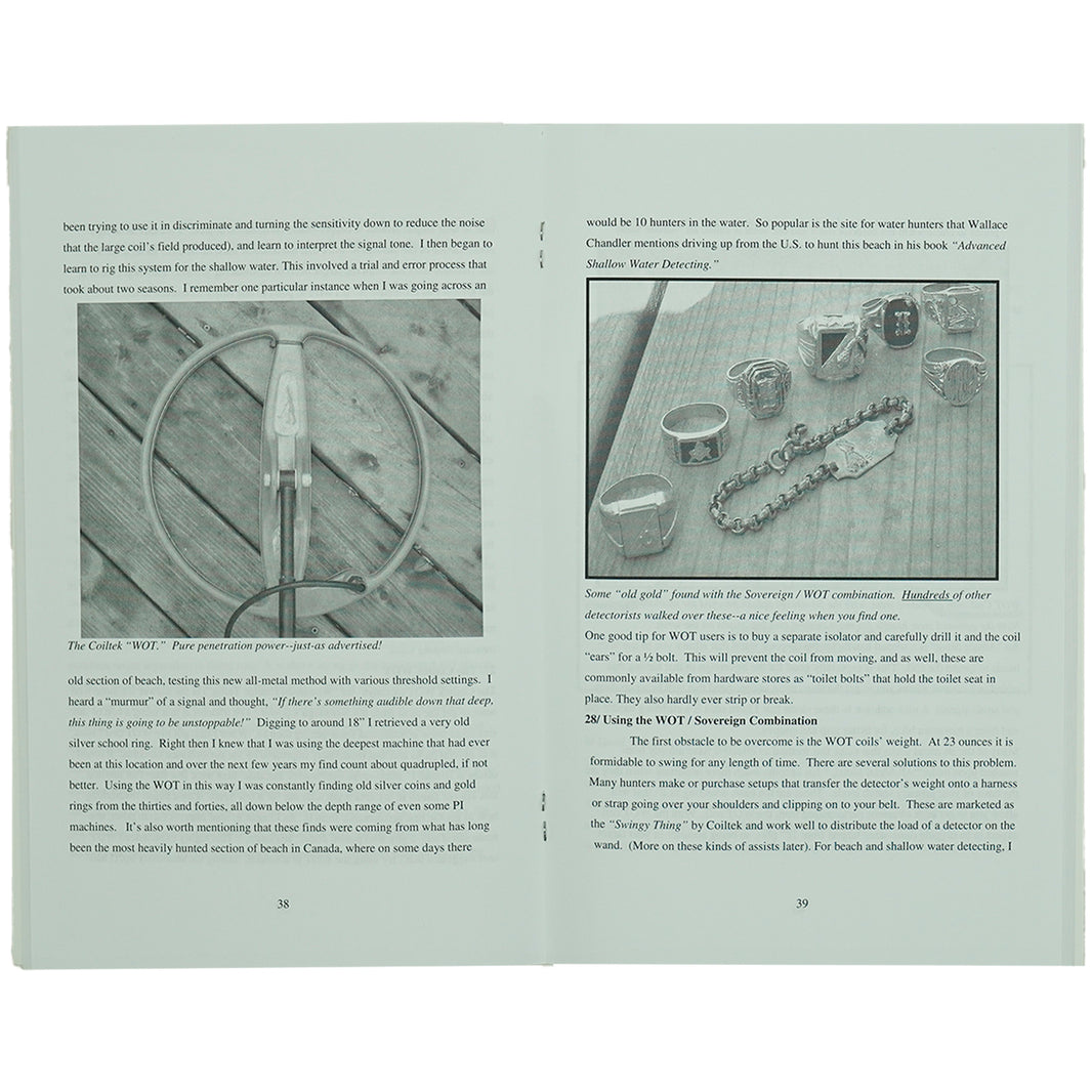 An open book showing two interior pages with printed text and two black-and-white photographs. The pages are photographed against a neutral light background.