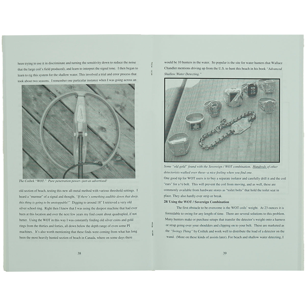 An open book showing two interior pages with printed text and two black-and-white photographs. The pages are photographed against a neutral light background.