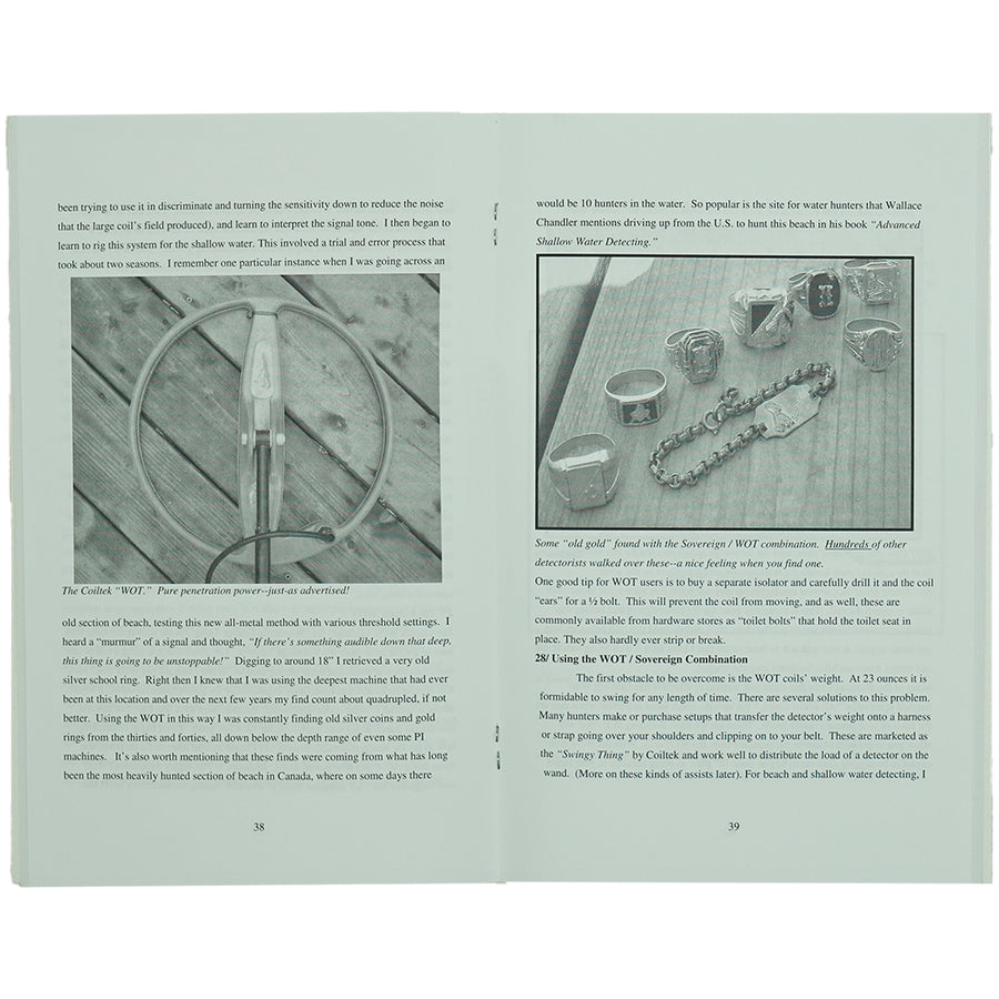An open book showing two interior pages with printed text and two black-and-white photographs. The pages are photographed against a neutral light background.