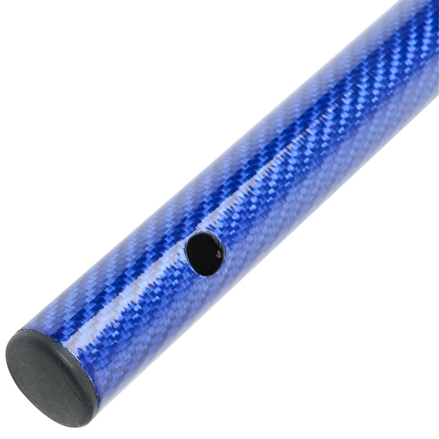 Blue carbon fiber rod with a black circular component on a white background
