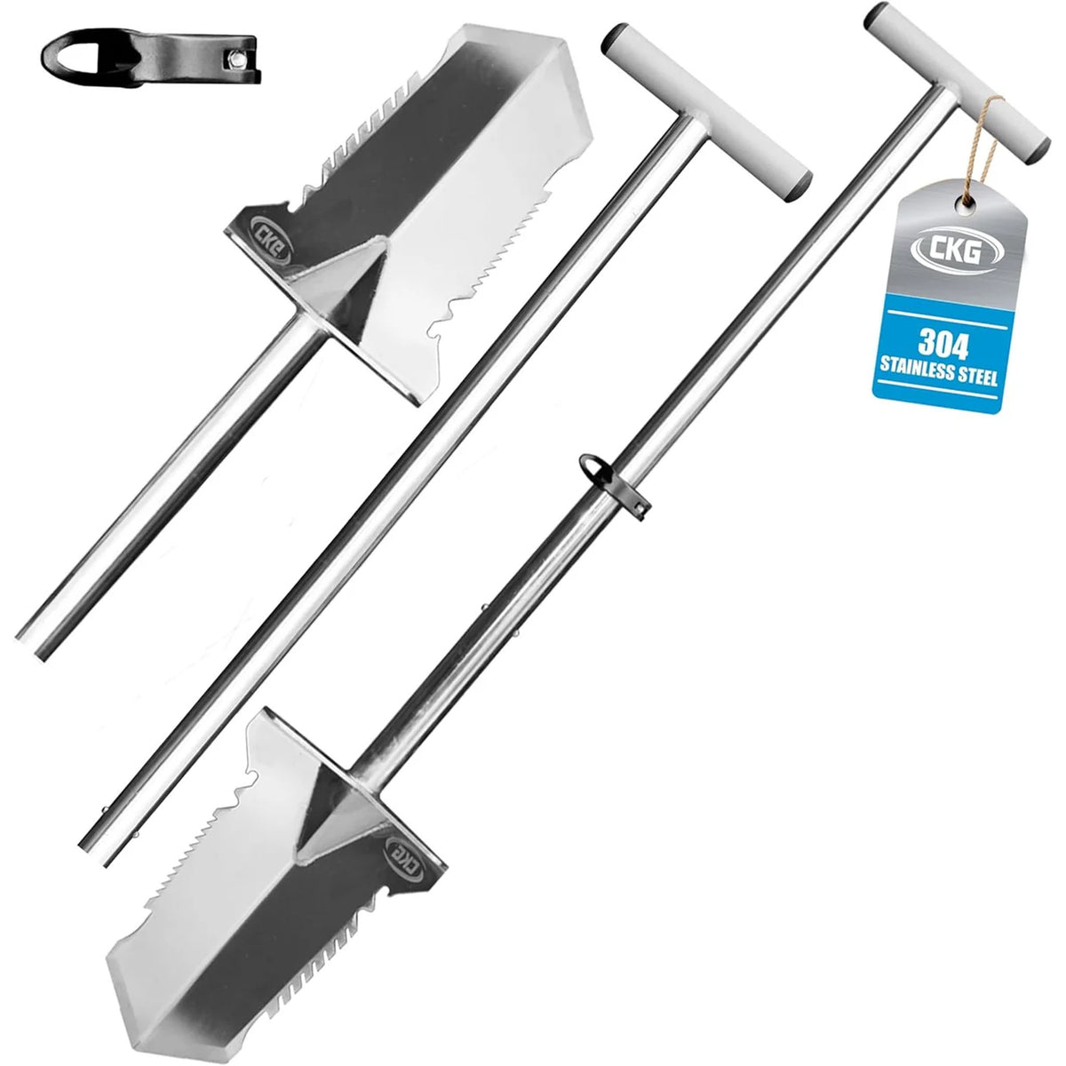 CKG Double Serrated Blade Shovel, Two Piece Metal Detecting Shovel with T Handle and Root Cutting Edges showing three pieces 