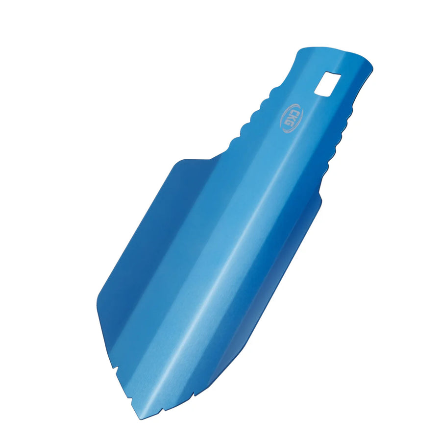 Aluminum shovel with a textured handle and a square cutout near the top, shown on a plain white background.