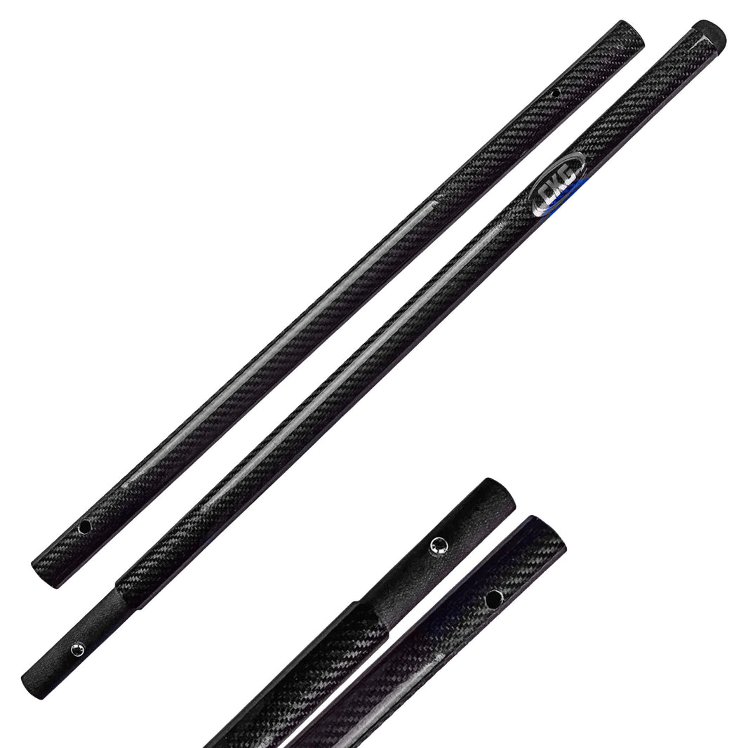 Two long black carbon-fiber-pattern scoop pole with a small blue and white logo, shown on a plain white background with additional close-up views of the grip ends.