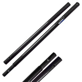 Two long black carbon-fiber-pattern scoop pole with a small blue and white logo, shown on a plain white background with additional close-up views of the grip ends.