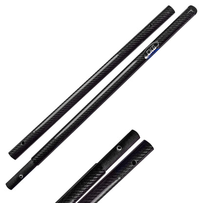 Two long black carbon-fiber-pattern scoop pole with a small blue and white logo, shown on a plain white background with additional close-up views of the grip ends.