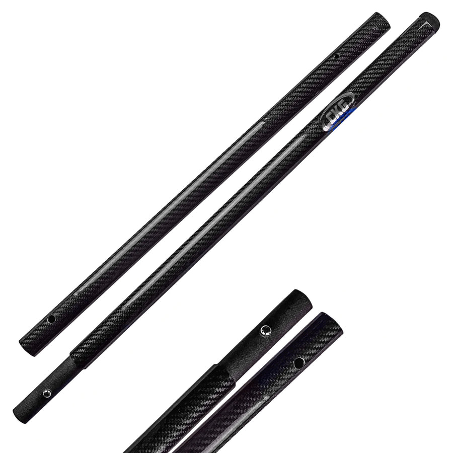 Two long black carbon-fiber-pattern scoop pole with a small blue and white logo, shown on a plain white background with additional close-up views of the grip ends.