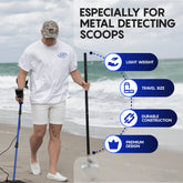 Person on a beach with metal detecting equipment, text highlighting features for metal detecting scoops pole.