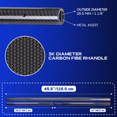 Blue informational graphic showing a carbon fiber scoop pole with labeled dimensions and a circular close-up of the woven texture. Text reads 'OUTSIDE DIAMETER 28.