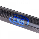 Close-up of a carbon fiber rod featuring a prominent blue and silver CKG logo decal, set against a plain white background.