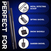 A promotional graphic showing a black carbon-fiber-look metal detector shovel set alongside four labeled use cases: metal detecting scoop, sifting shovel, snow shovels, and garden shovel, on a dark blue patterned background with large white text reading 'PERFECT FOR'.