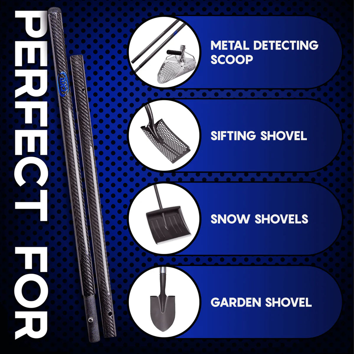 A promotional graphic showing a black carbon-fiber-look metal detector shovel set alongside four labeled use cases: metal detecting scoop, sifting shovel, snow shovels, and garden shovel, on a dark blue patterned background with large white text reading 'PERFECT FOR'.