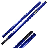 Two blue carbon fiber textured scoop pole ends with black ferrules and a silver logo plate, shown on a white background.