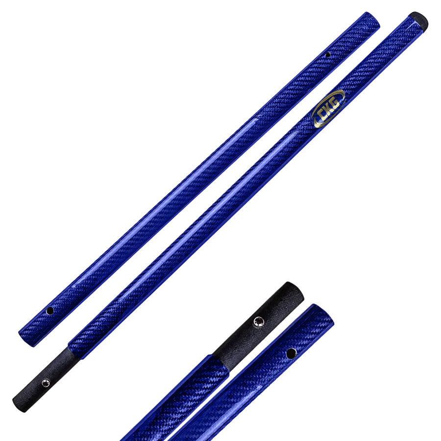 Two blue carbon fiber textured scoop pole ends with black ferrules and a silver logo plate, shown on a white background.