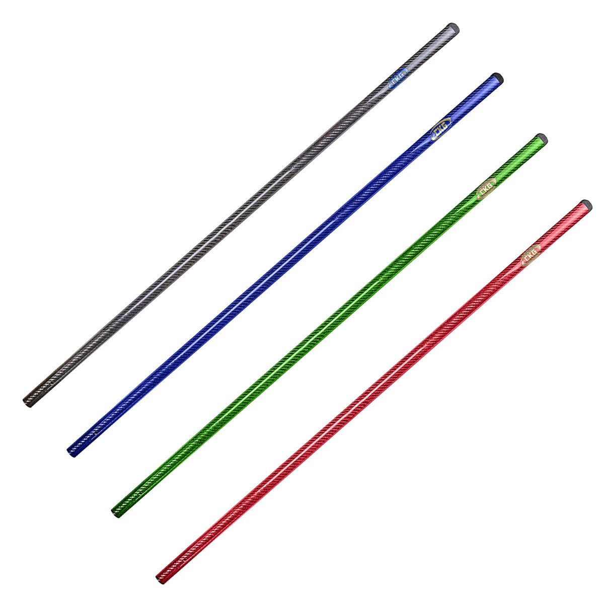 Four long CKG sand scoop handles shown diagonally on a plain white background, in gray, blue, green, and red, each with a small metallic logo near one end.
