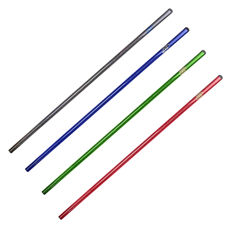 Four long CKG sand scoop handles shown diagonally on a plain white background, in gray, blue, green, and red, each with a small metallic logo near one end.