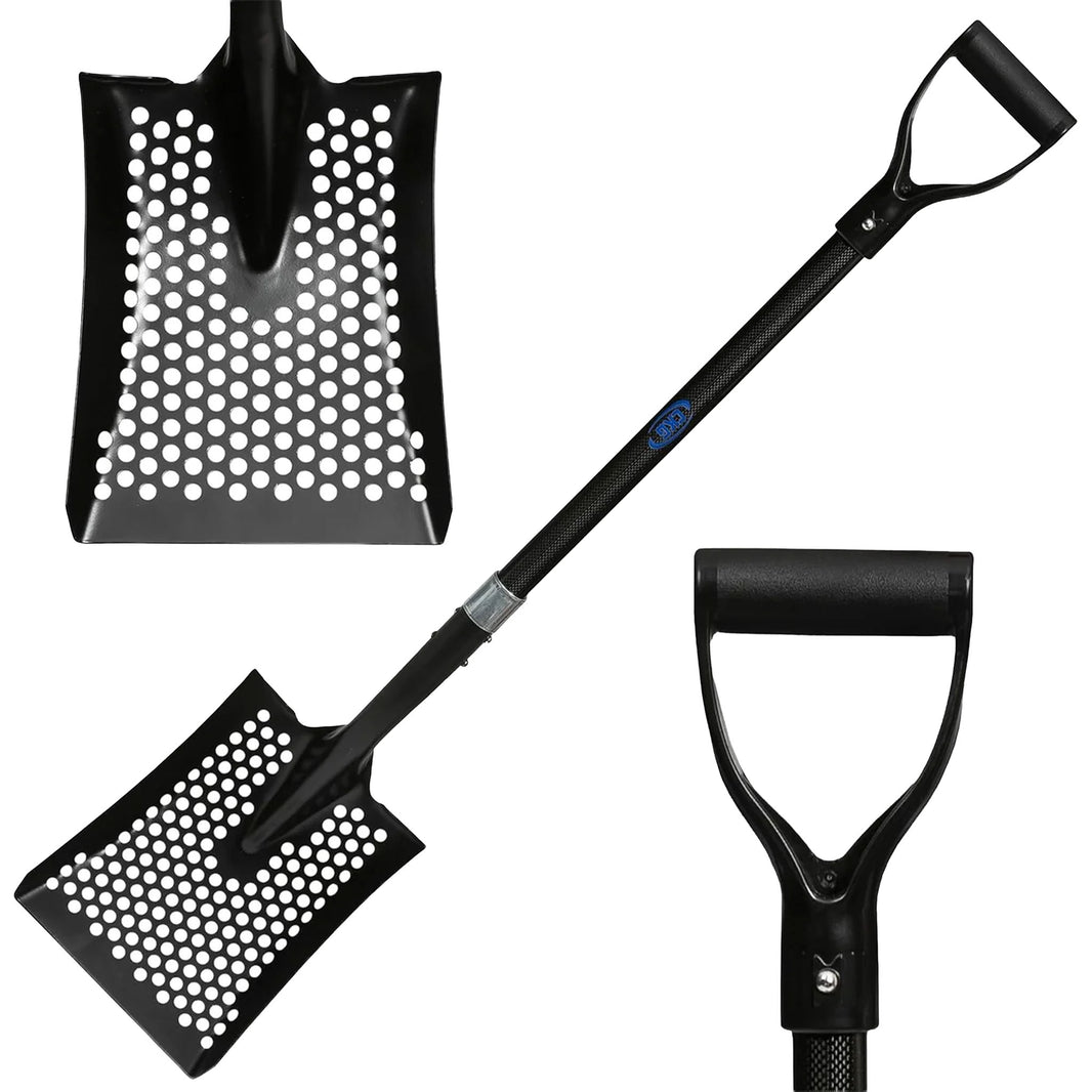 Black metal sifting shovel with a perforated blade, long handle, and D-shaped grip, shown on a white background with close-up views of the blade and handle.