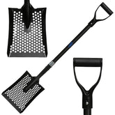 Black metal sifting shovel with a perforated blade, long handle, and D-shaped grip, shown on a white background with close-up views of the blade and handle.
