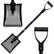 Black metal sifting shovel with a perforated blade, long handle, and D-shaped grip, shown on a white background with close-up views of the blade and handle.