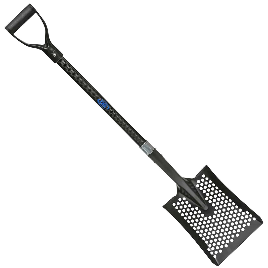 Black metal sifting shovel with a perforated blade, long handle, and D-shaped grip, shown on a white background