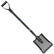 Black metal sifting shovel with a perforated blade, long handle, and D-shaped grip, shown on a white background