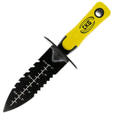 A black garden spade with a yellow handle, featuring depth measurement markings on the blade and a visible 'CKG' brand logo on the handle.