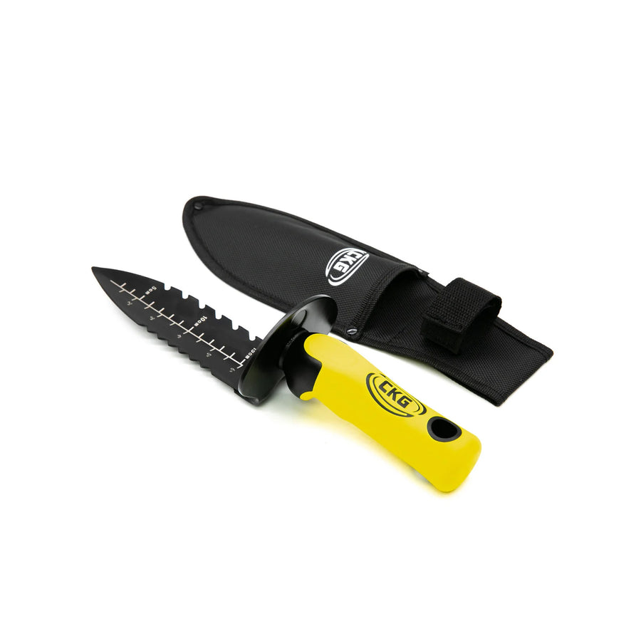 A black digging knife with a bright yellow handle and a black nylon sheath, shown on a plain white background. The brand logo 'CKG' is visible on both the knife handle and the sheath.