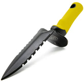 Gardening tool with yellow handle and black blade on a white background